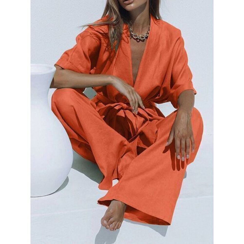 Commense Linen Cotton Orange Two-Piece Set Kimono-Style Top Wide-Leg Pant Outfit - Picture 3 of 16